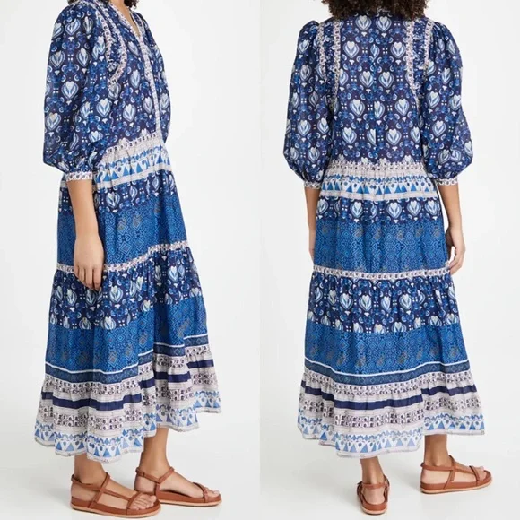 SEA NEW YORK Brigitte Border Puff Sleeve Print Dress in Navy Sz L - Picture 2 of 9